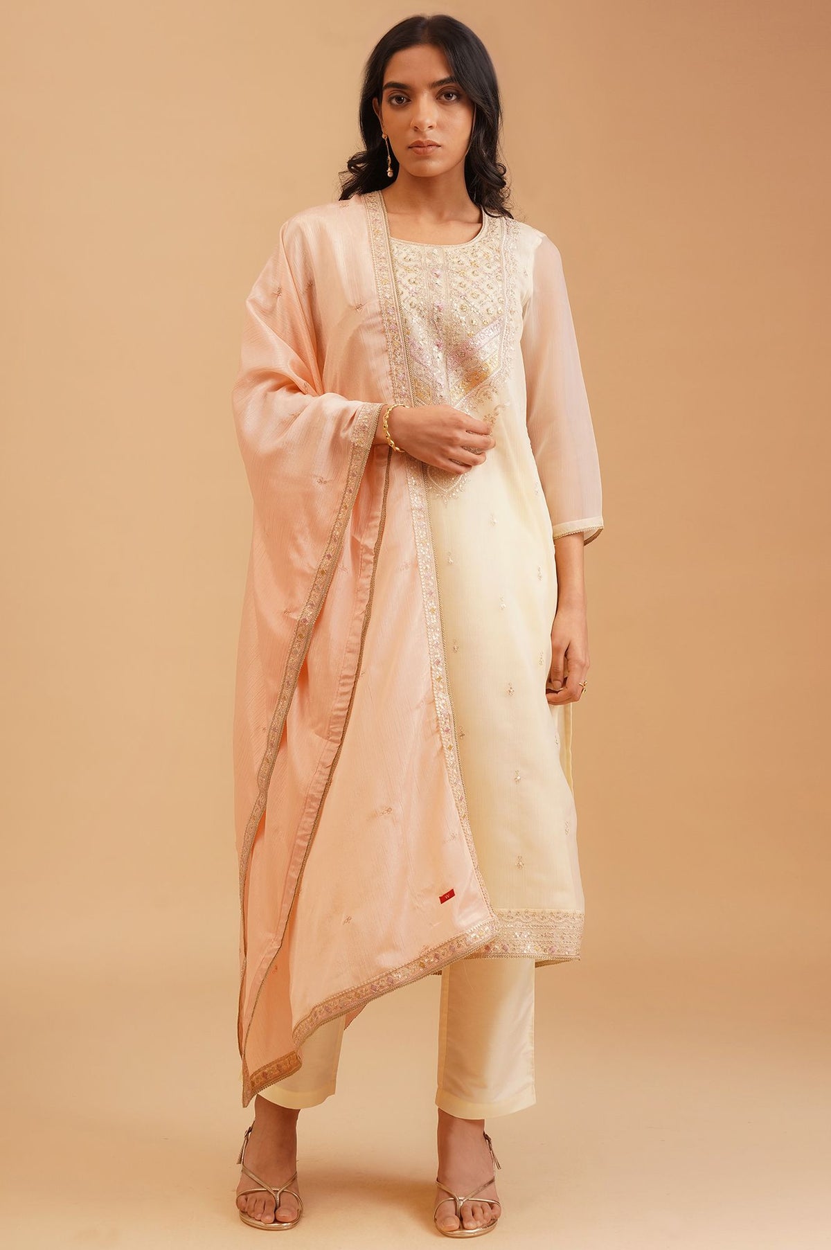 Off White Sequins Embroidered Chiffon Straight Kurta with Straight Pants and Dupatta Set