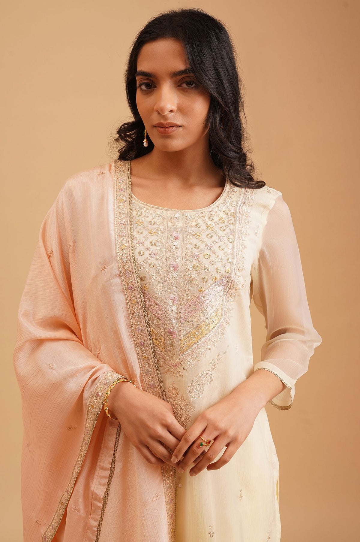 Off White Sequins Embroidered Chiffon Straight Kurta with Straight Pants and Dupatta Set
