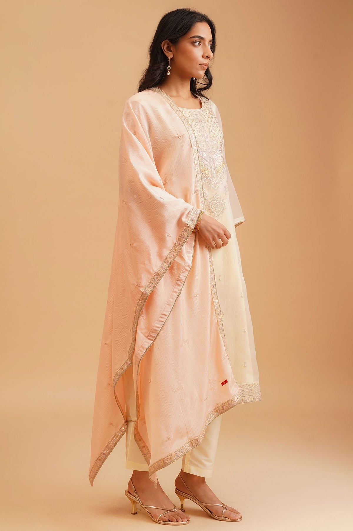 Off White Sequins Embroidered Chiffon Straight Kurta with Straight Pants and Dupatta Set