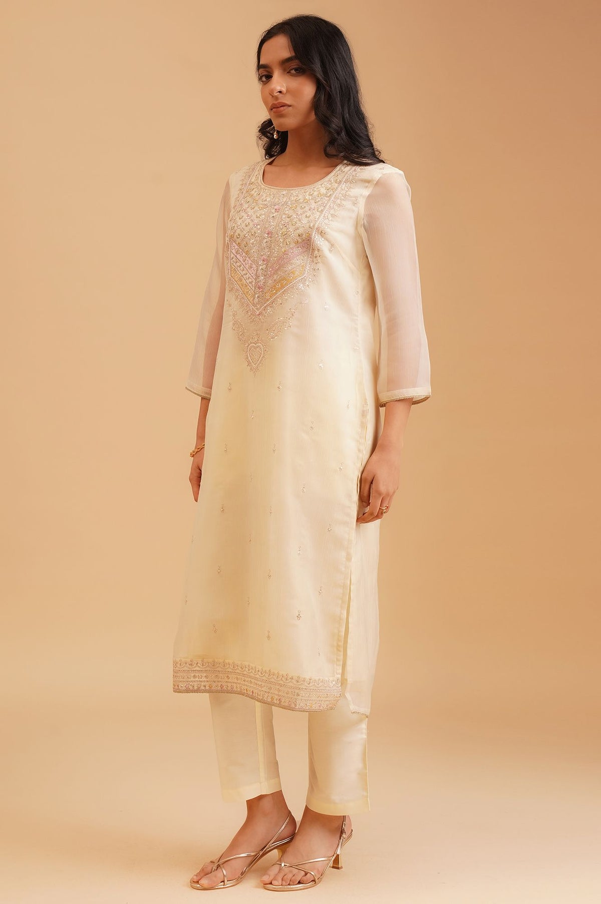 Off White Sequins Embroidered Chiffon Straight Kurta with Straight Pants and Dupatta Set