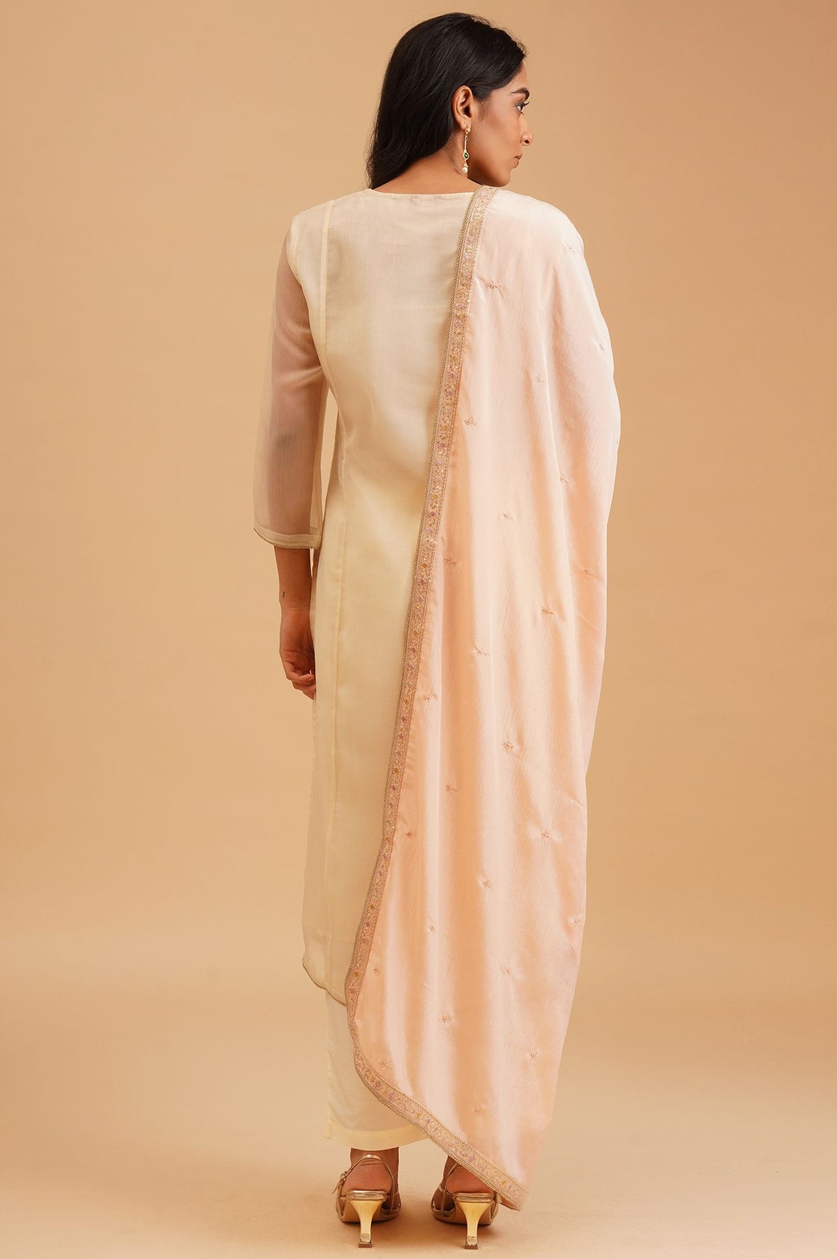 Off White Sequins Embroidered Chiffon Straight Kurta with Straight Pants and Dupatta Set