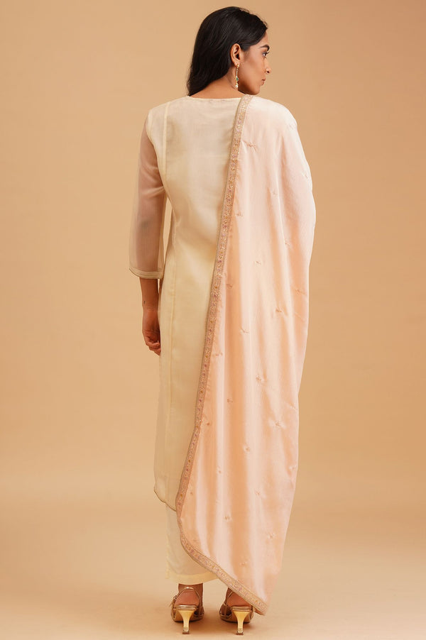 Off White Sequins Embroidered Chiffon Straight Kurta with Straight Pants and Dupatta Set