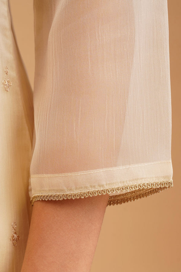 Off White Sequins Embroidered Chiffon Straight Kurta with Straight Pants and Dupatta Set
