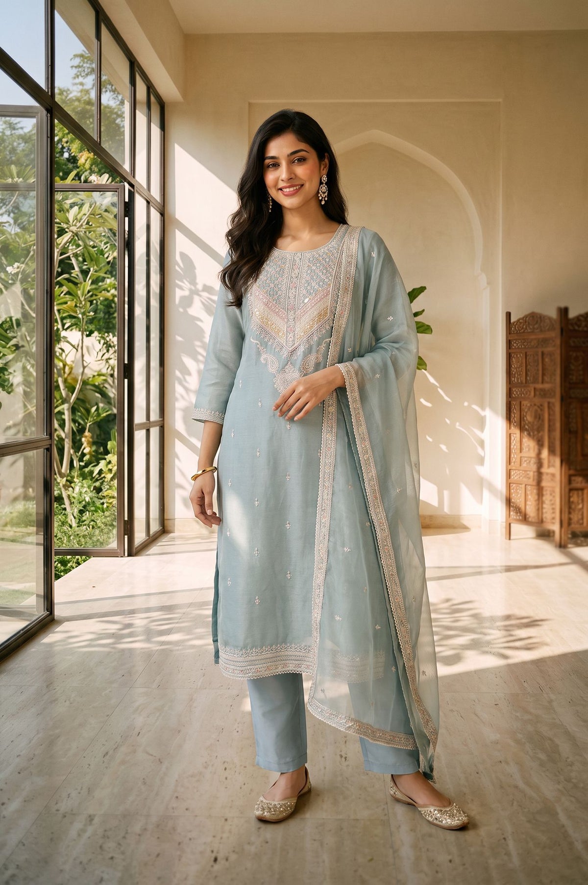 Blue Thread Embroidered Silver Linen Straight Kurta with Straight Pants and Dupatta Set