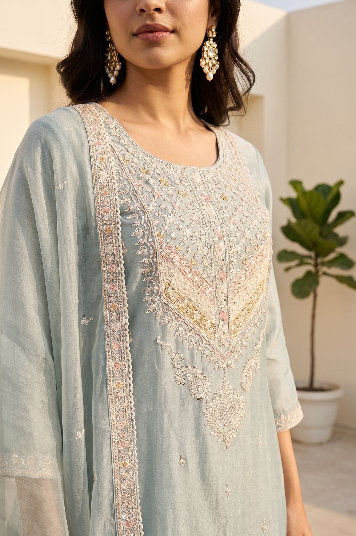 Blue Thread Embroidered Silver Linen Straight Kurta with Straight Pants and Dupatta Set