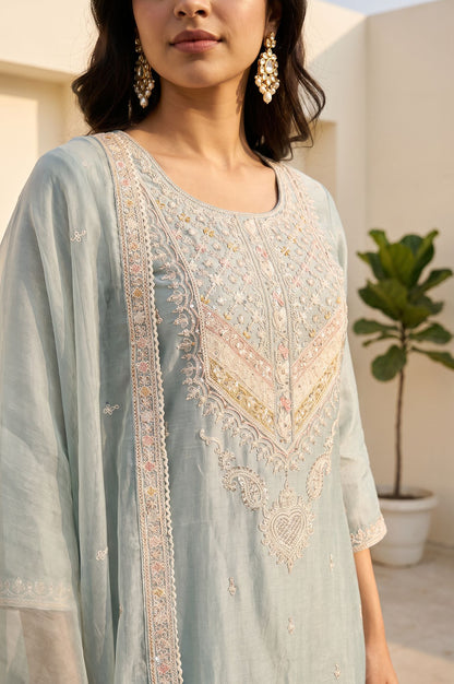 Blue Thread Embroidered Silver Linen Straight Kurta with Straight Pants and Dupatta Set