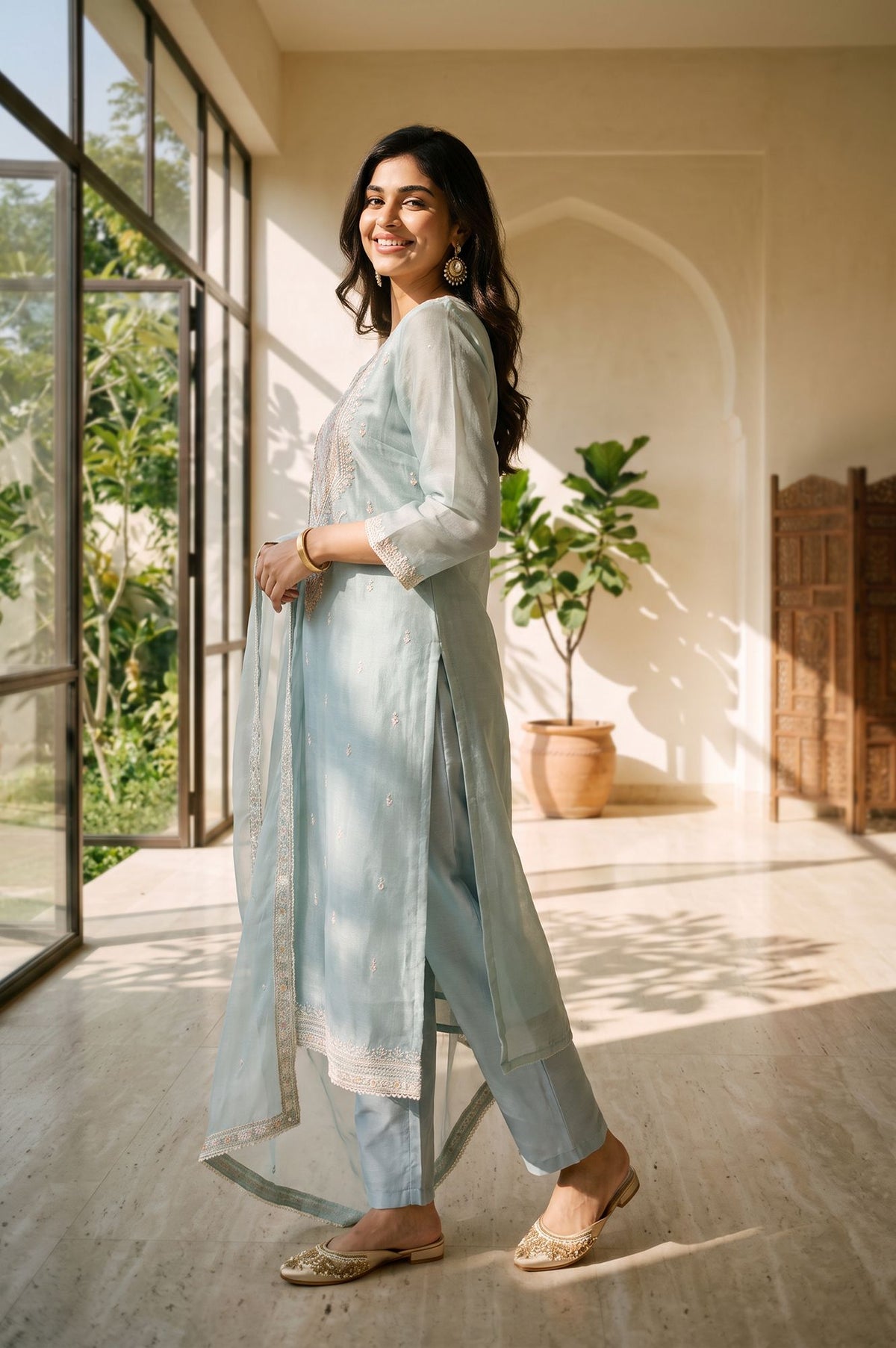 Blue Thread Embroidered Silver Linen Straight Kurta with Straight Pants and Dupatta Set