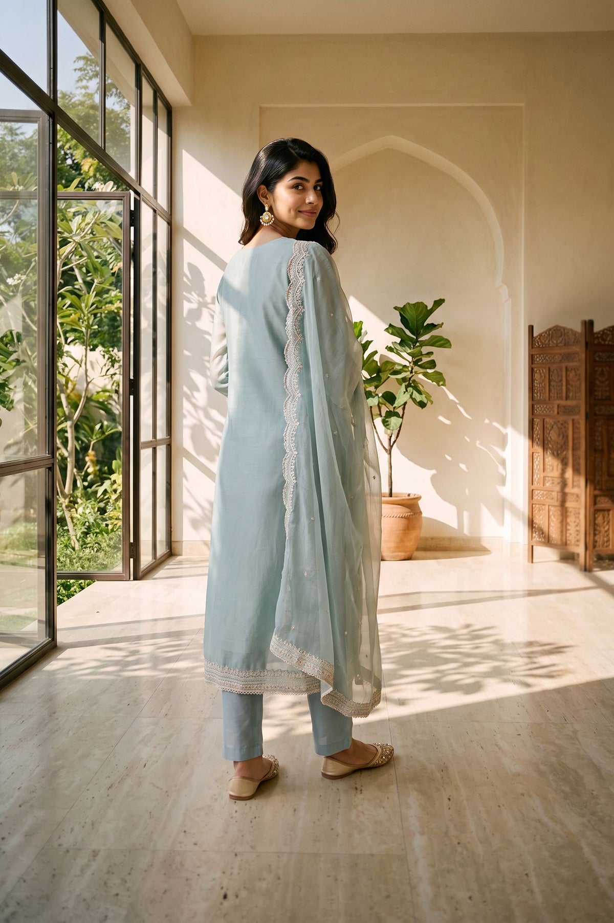 Blue Thread Embroidered Silver Linen Straight Kurta with Straight Pants and Dupatta Set