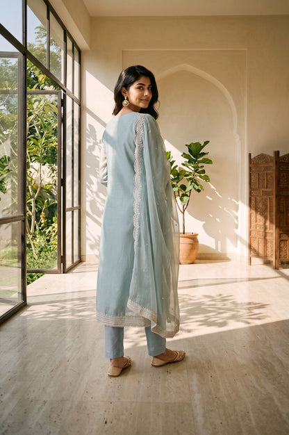 Blue Thread Embroidered Silver Linen Straight Kurta with Straight Pants and Dupatta Set
