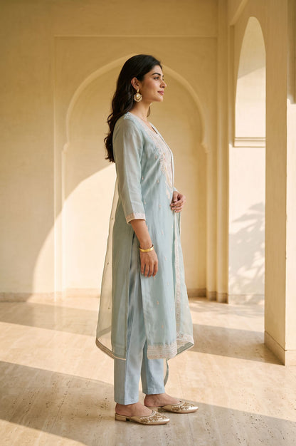 Blue Thread Embroidered Silver Linen Straight Kurta with Straight Pants and Dupatta Set