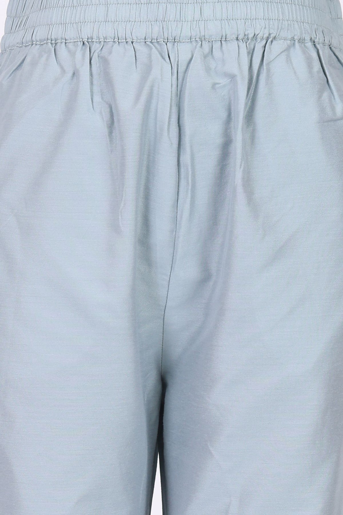 Blue Thread Embroidered Silver Linen Straight Kurta with Straight Pants and Dupatta Set