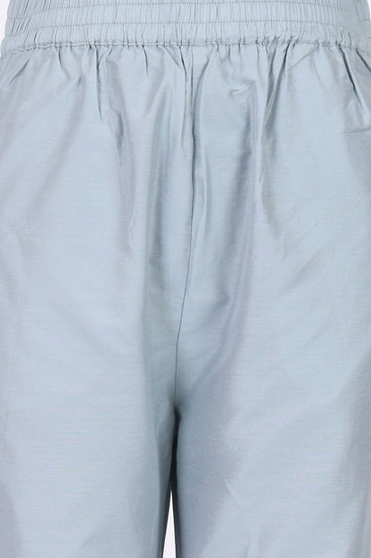 Blue Thread Embroidered Silver Linen Straight Kurta with Straight Pants and Dupatta Set