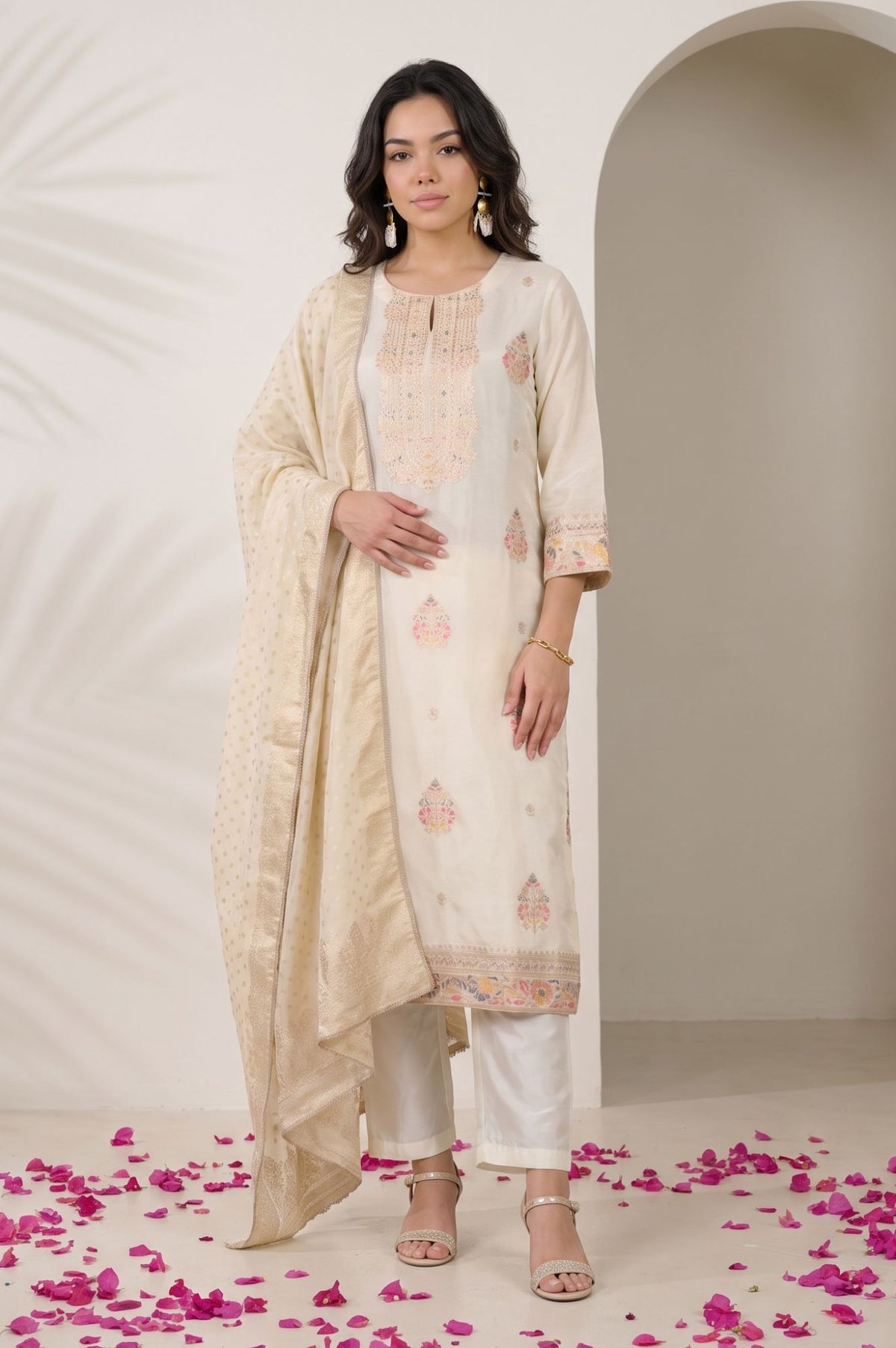Off White Thread Embroidered Yarn Dyed Tissue Dola Straight Kurta with Straight Pants and Dupatta Set