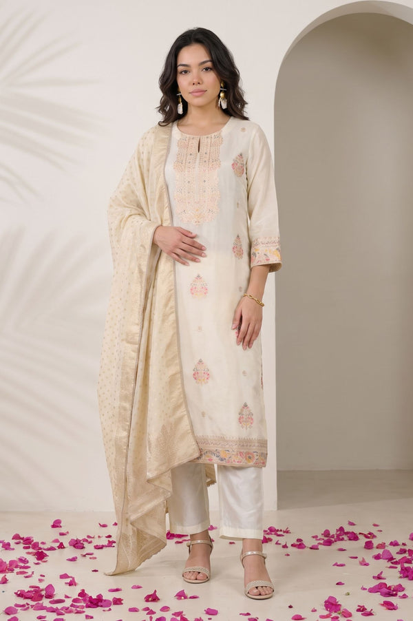 Off White Thread Embroidered Yarn Dyed Tissue Dola Straight Kurta with Straight Pants and Dupatta Set