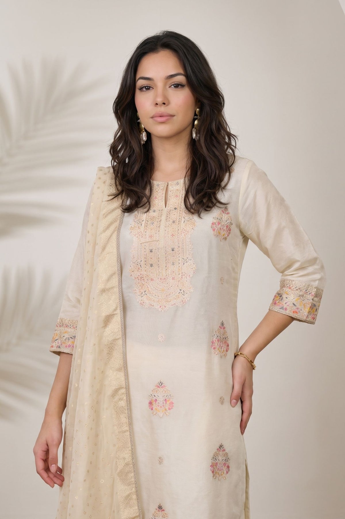 Off White Thread Embroidered Yarn Dyed Tissue Dola Straight Kurta with Straight Pants and Dupatta Set