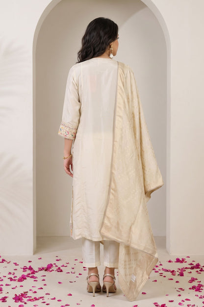 Off White Thread Embroidered Yarn Dyed Tissue Dola Straight Kurta with Straight Pants and Dupatta Set