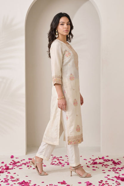 Off White Thread Embroidered Yarn Dyed Tissue Dola Straight Kurta with Straight Pants and Dupatta Set
