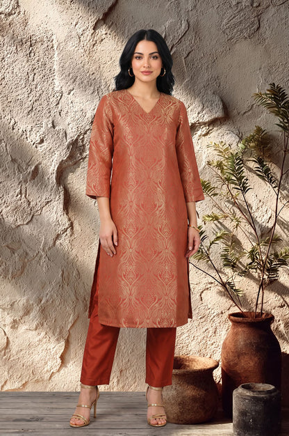 Rust Yarn Dyed Jacquard Straight Kurta with Pants Set