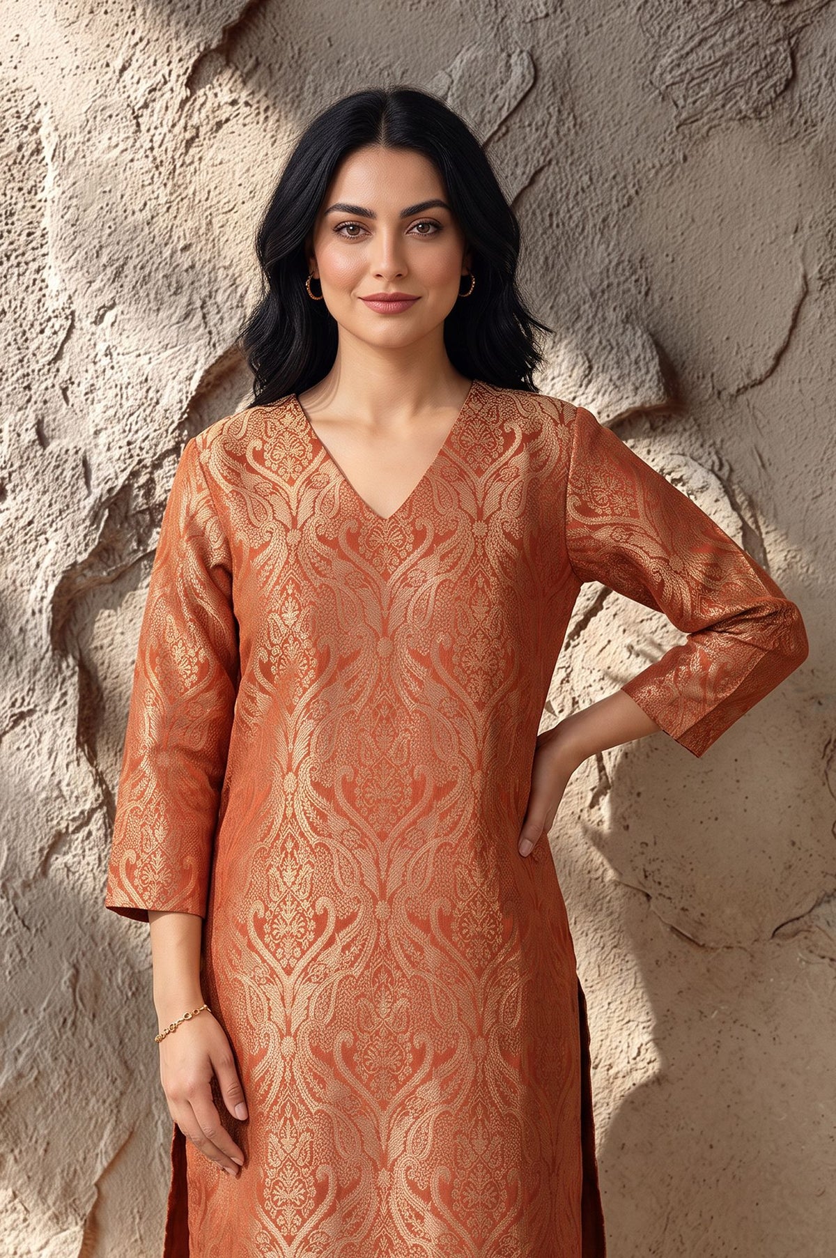 Rust Yarn Dyed Jacquard Straight Kurta with Pants Set