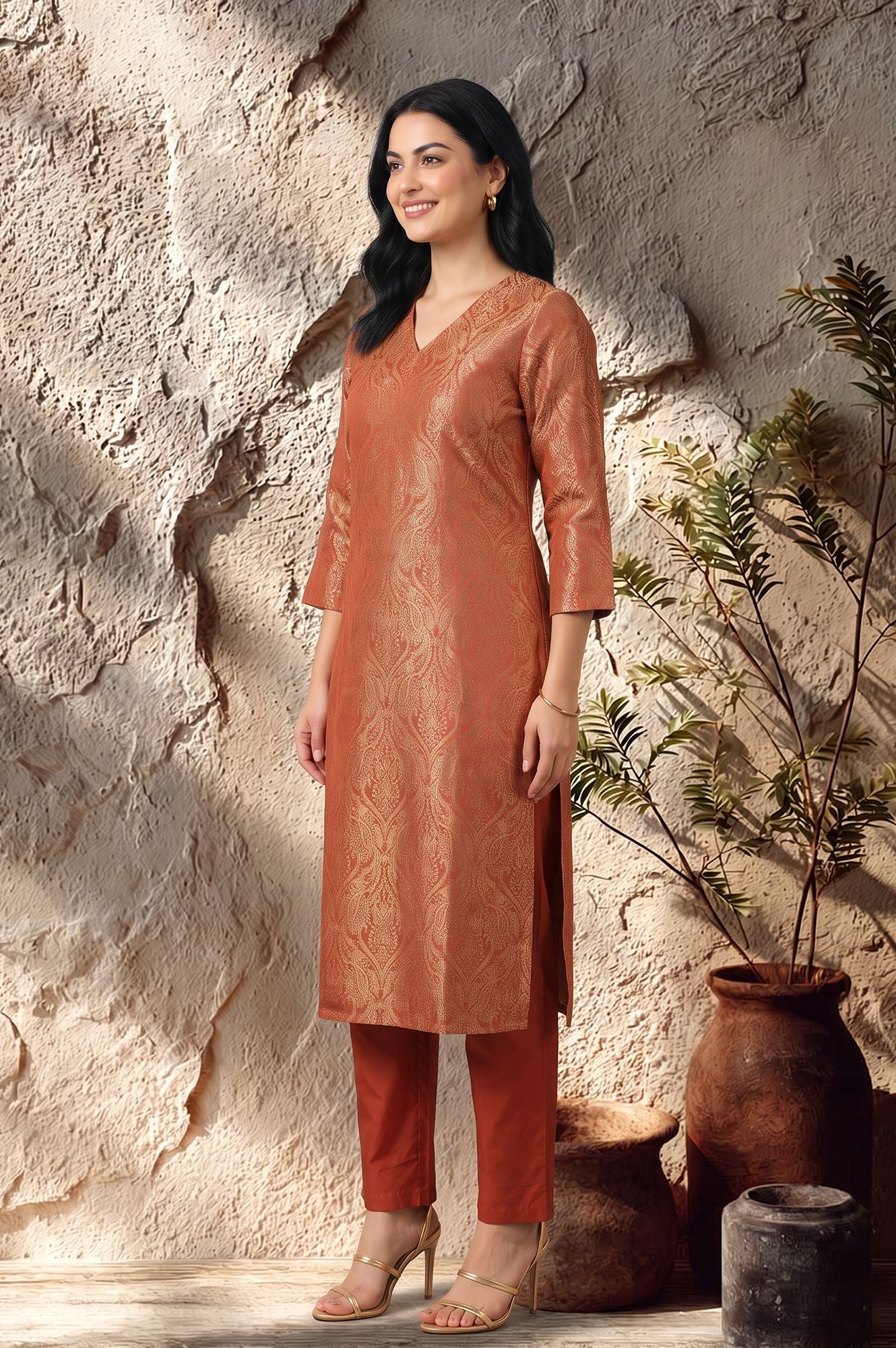 Rust Yarn Dyed Jacquard Straight Kurta with Pants Set
