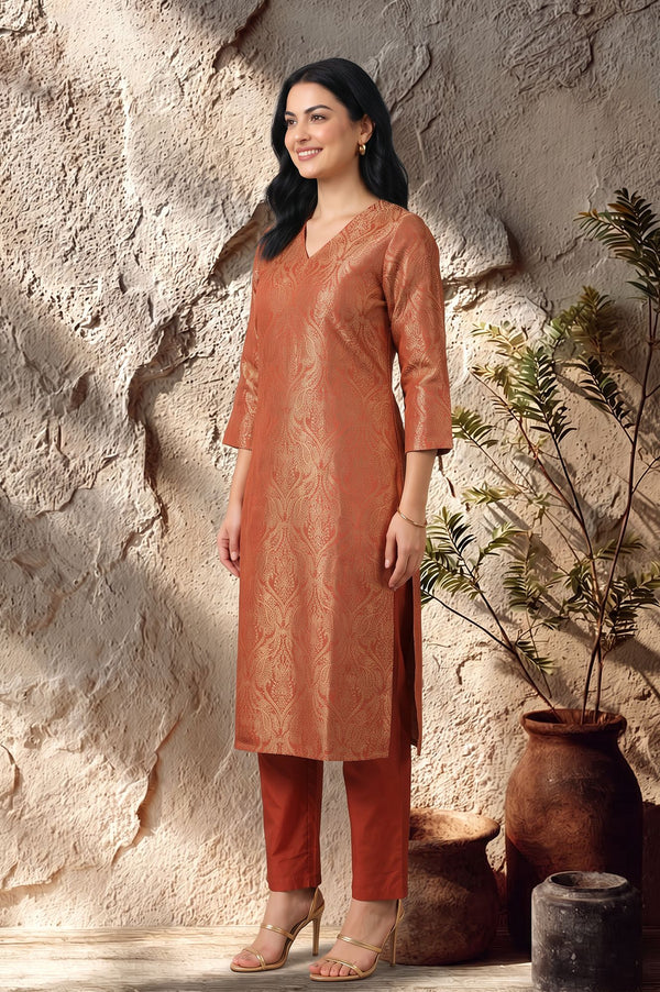 Rust Yarn Dyed Jacquard Straight Kurta with Pants Set