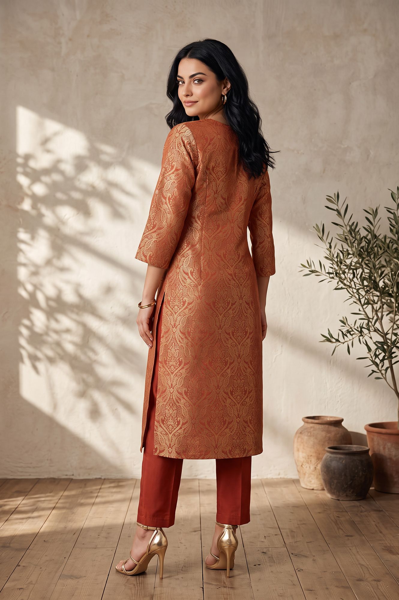 Rust Yarn Dyed Jacquard Straight Kurta with Pants Set