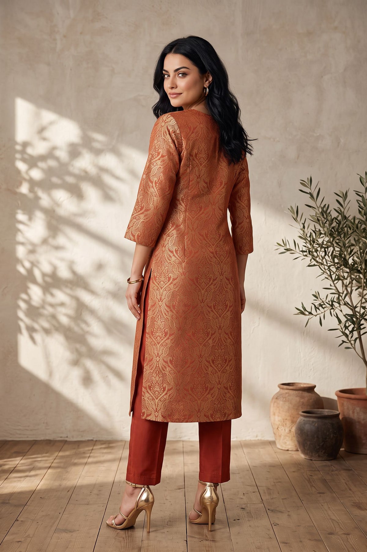 Rust Yarn Dyed Jacquard Straight Kurta with Pants Set