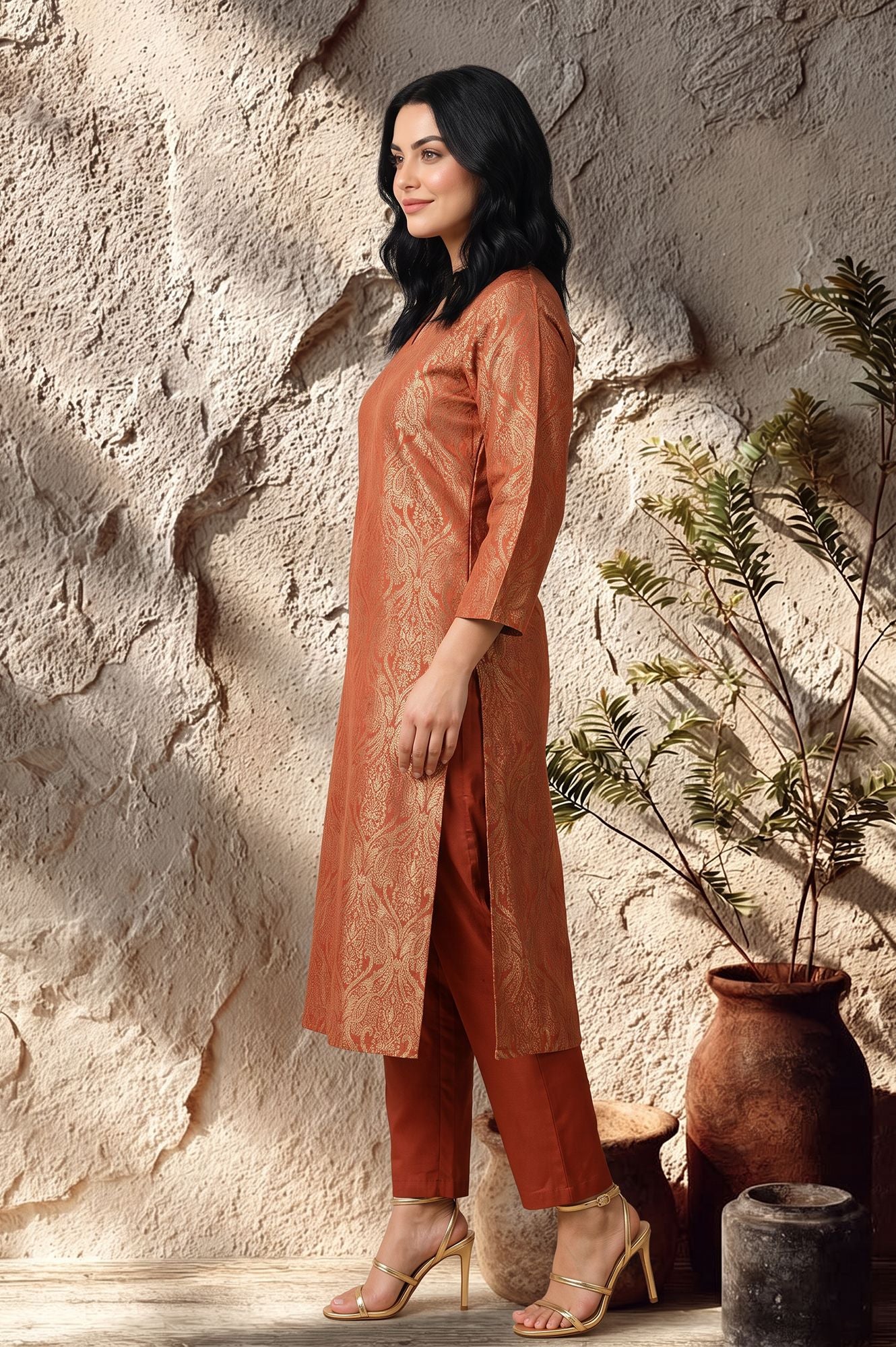 Rust Yarn Dyed Jacquard Straight Kurta with Pants Set