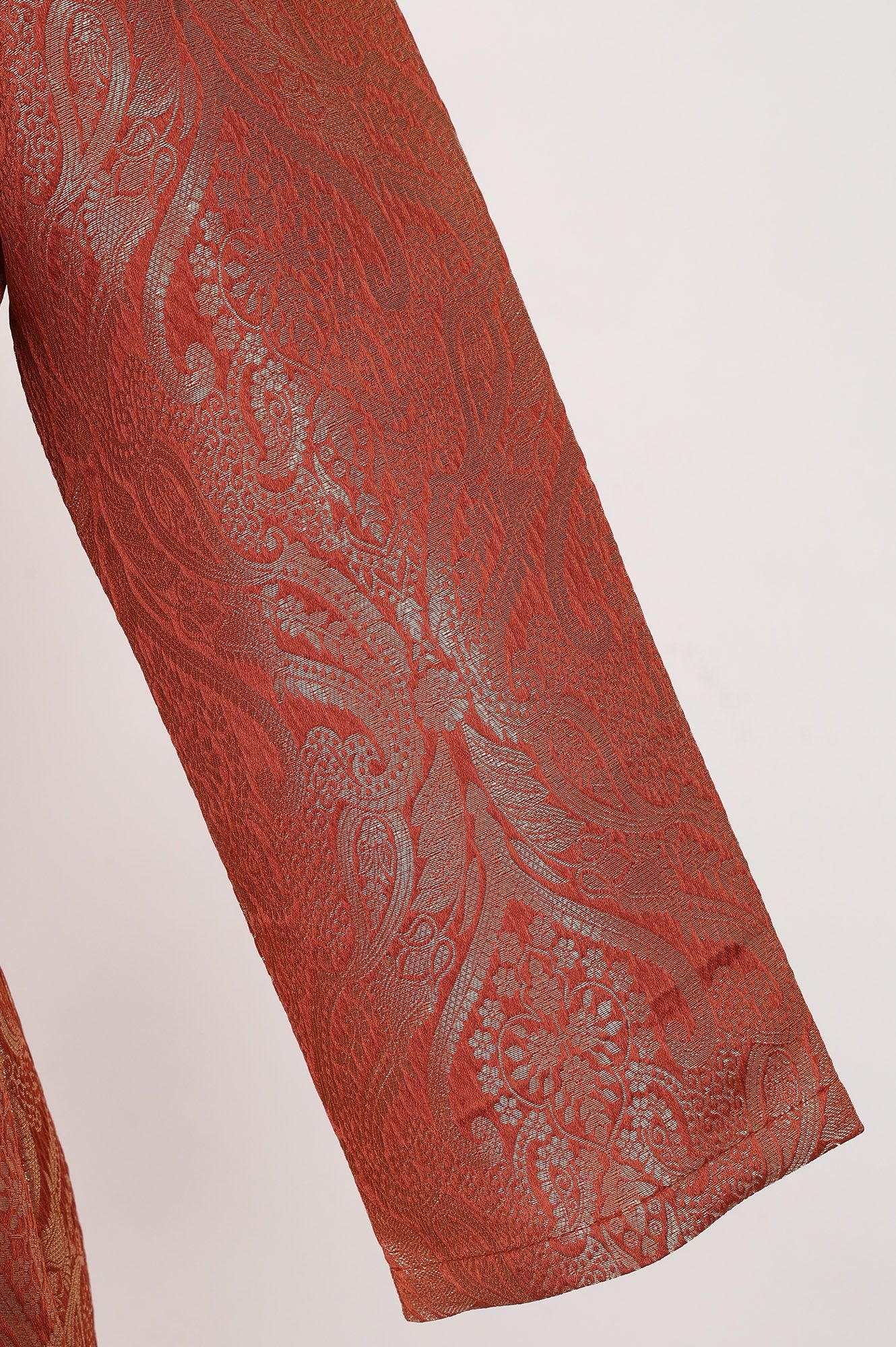 Rust Yarn Dyed Jacquard Straight Kurta with Pants Set