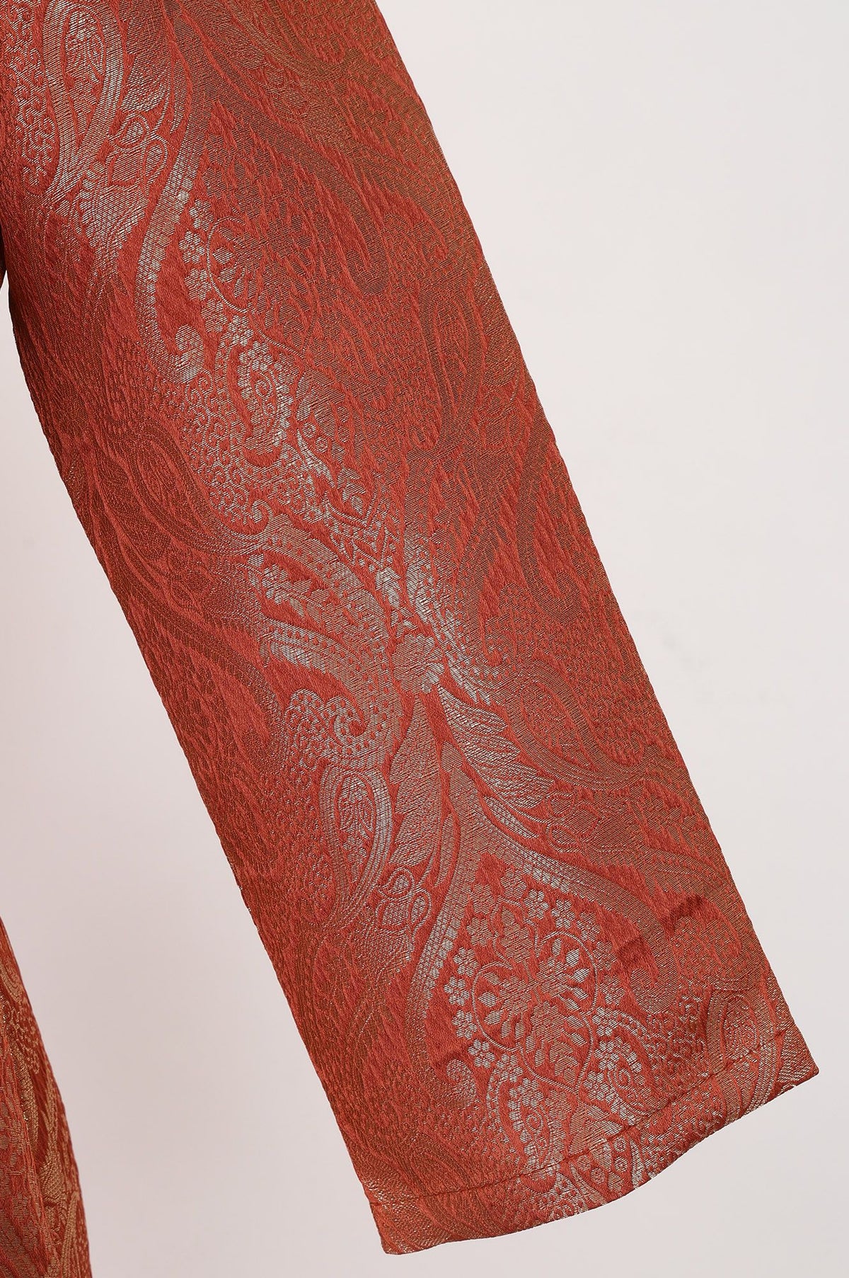 Rust Yarn Dyed Jacquard Straight Kurta with Pants Set