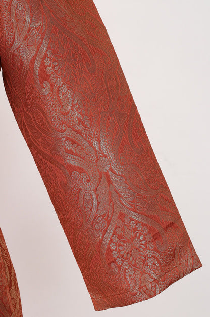 Rust Yarn Dyed Jacquard Straight Kurta with Pants Set