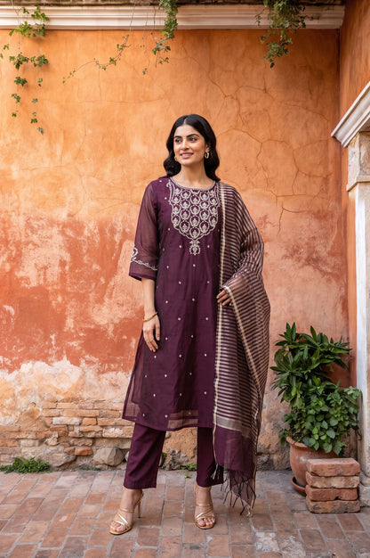 Purple Zari Embroidered Chanderi Straight Kurta with Pants and Dupatta Set