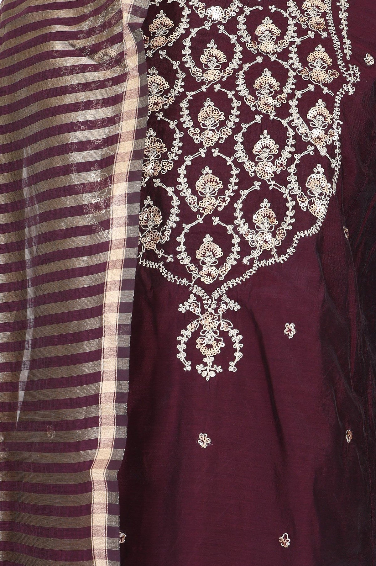 Purple Zari Embroidered Chanderi Straight Kurta with Pants and Dupatta Set