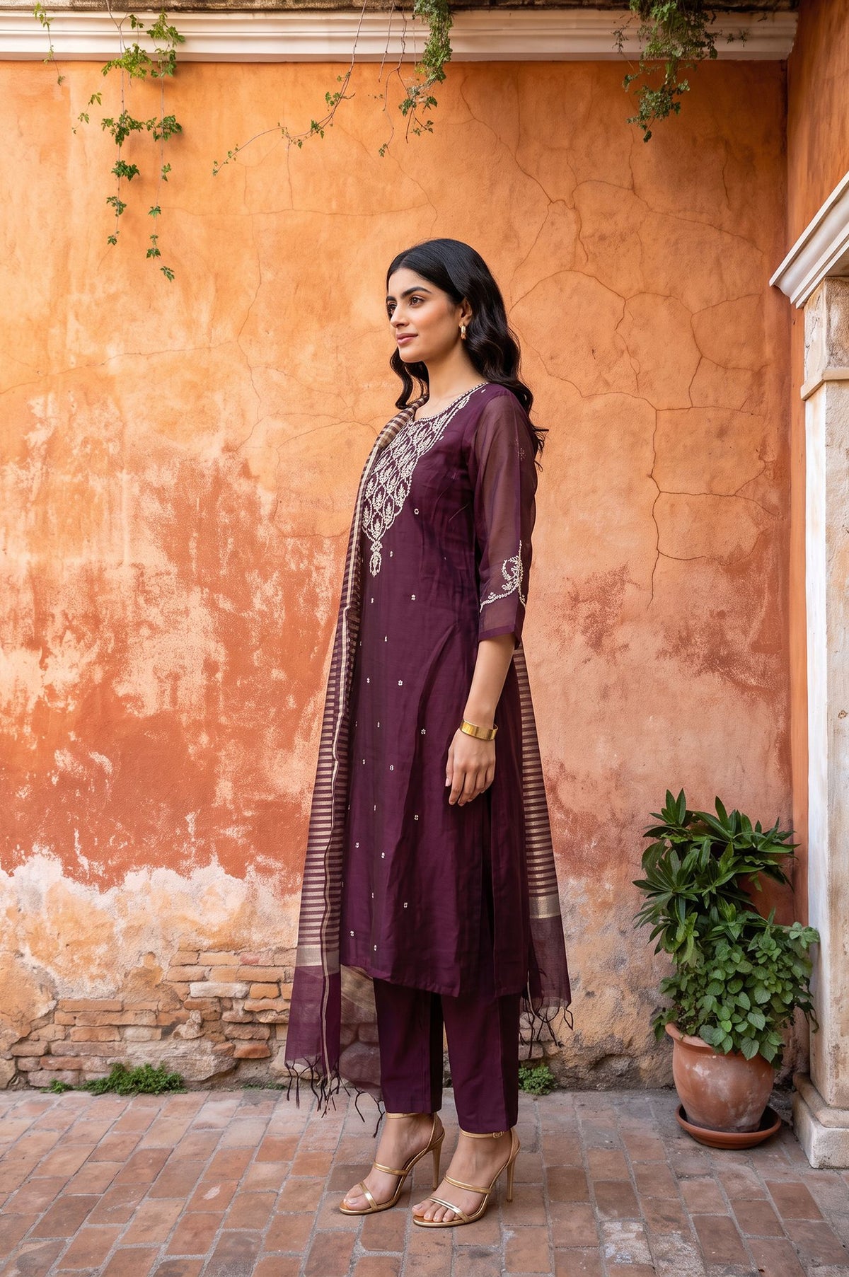 Purple Zari Embroidered Chanderi Straight Kurta with Pants and Dupatta Set