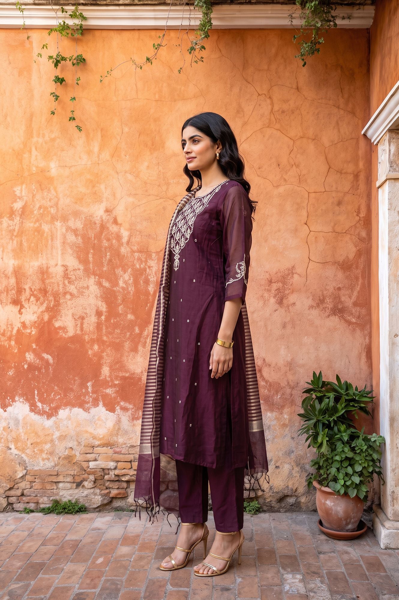 Purple Zari Embroidered Chanderi Straight Kurta with Pants and Dupatta Set