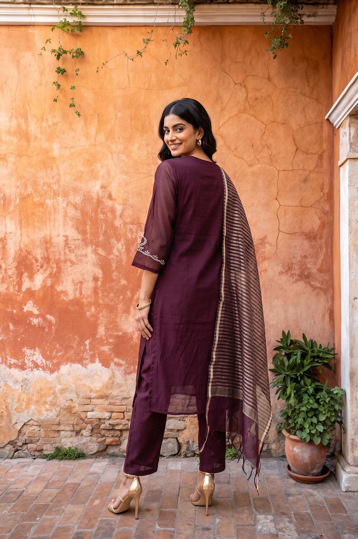 Purple Zari Embroidered Chanderi Straight Kurta with Pants and Dupatta Set