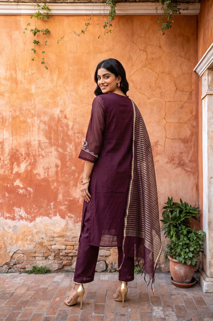 Purple Zari Embroidered Chanderi Straight Kurta with Pants and Dupatta Set