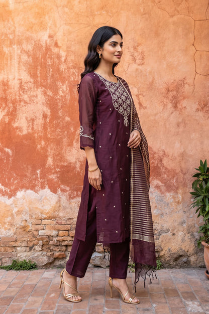 Purple Zari Embroidered Chanderi Straight Kurta with Pants and Dupatta Set
