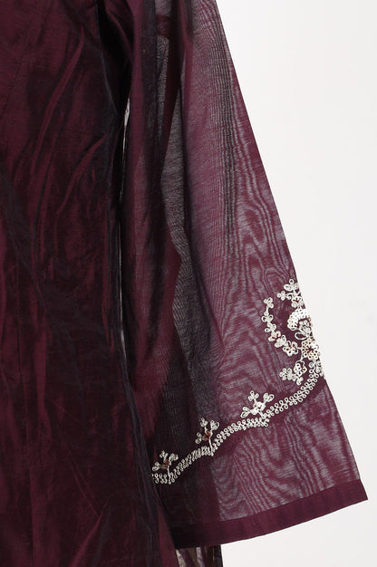 Purple Zari Embroidered Chanderi Straight Kurta with Pants and Dupatta Set