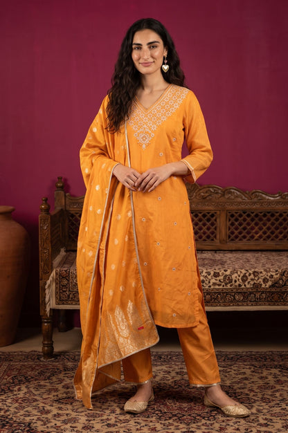 Orange Embroidered Chanderi Straight Kurta with Pants and Dupatta Set