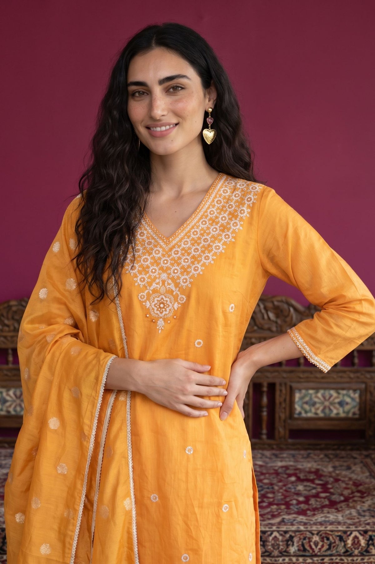 Orange Embroidered Chanderi Straight Kurta with Pants and Dupatta Set