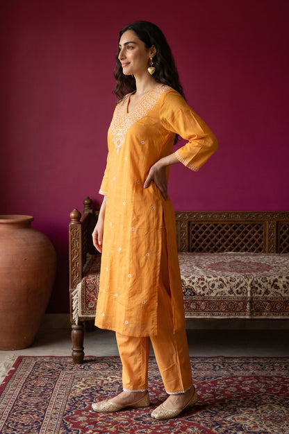 Orange Embroidered Chanderi Straight Kurta with Pants and Dupatta Set