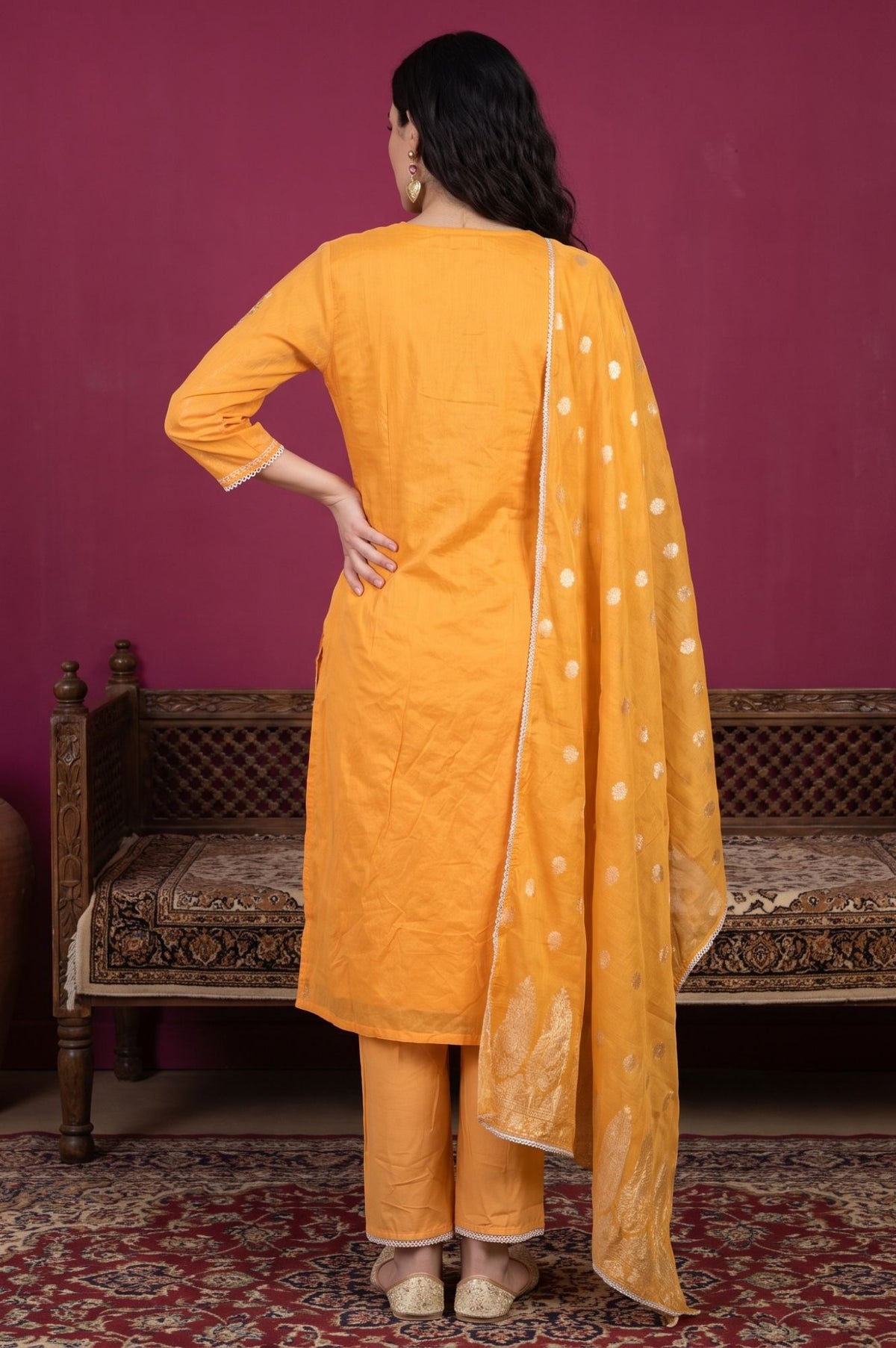 Orange Embroidered Chanderi Straight Kurta with Pants and Dupatta Set