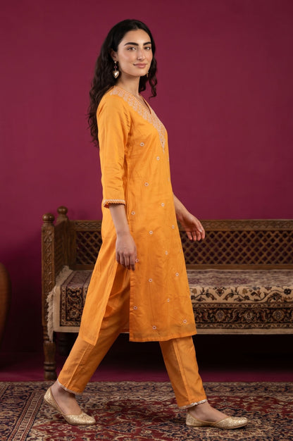 Orange Embroidered Chanderi Straight Kurta with Pants and Dupatta Set