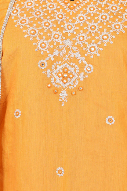 Orange Embroidered Chanderi Straight Kurta with Pants and Dupatta Set
