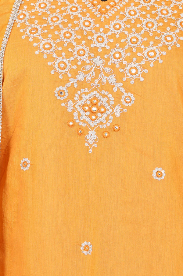 Orange Embroidered Chanderi Straight Kurta with Pants and Dupatta Set