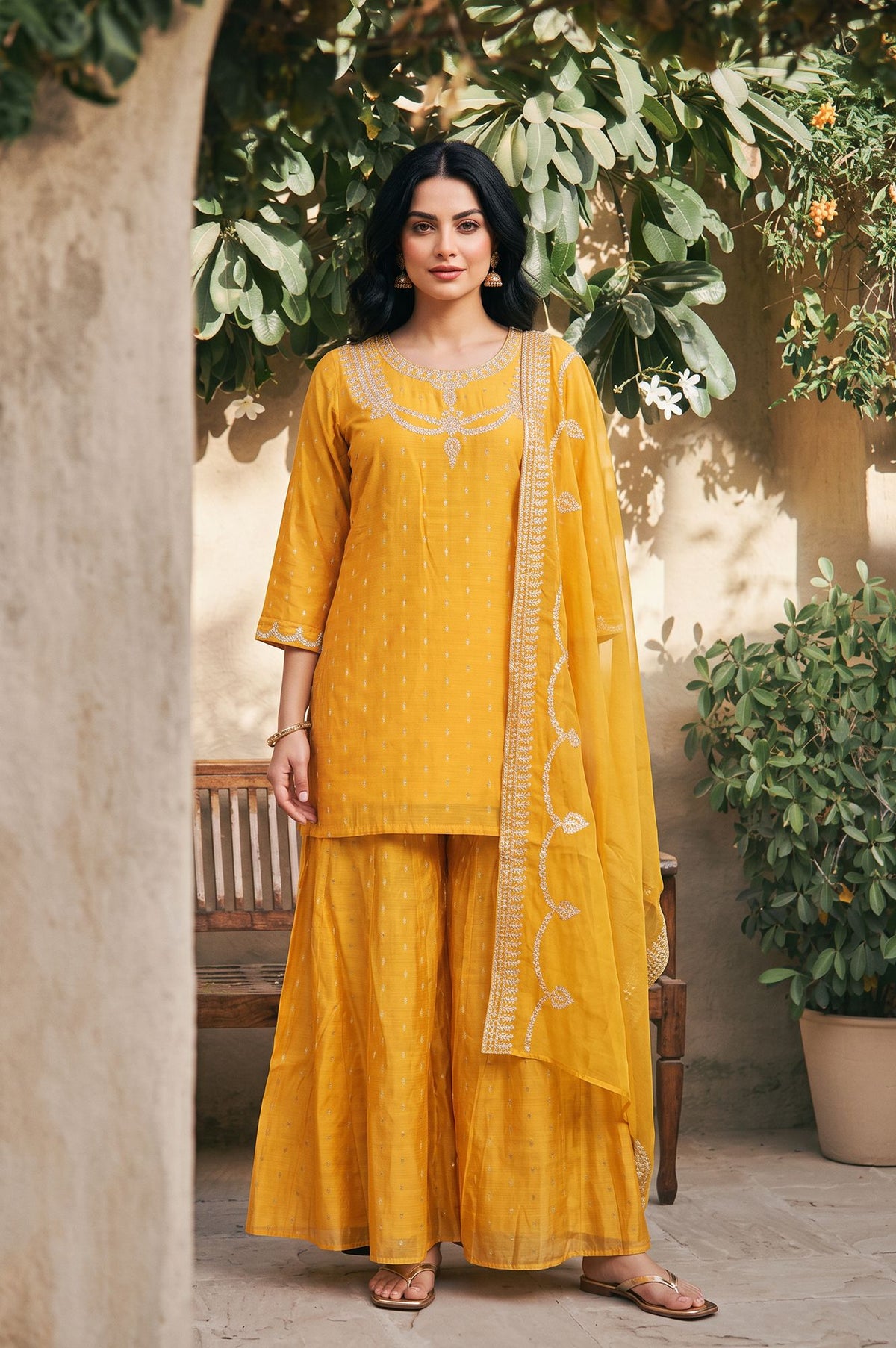 Yellow Zari Embroidered Straight Kurta sharara set for women