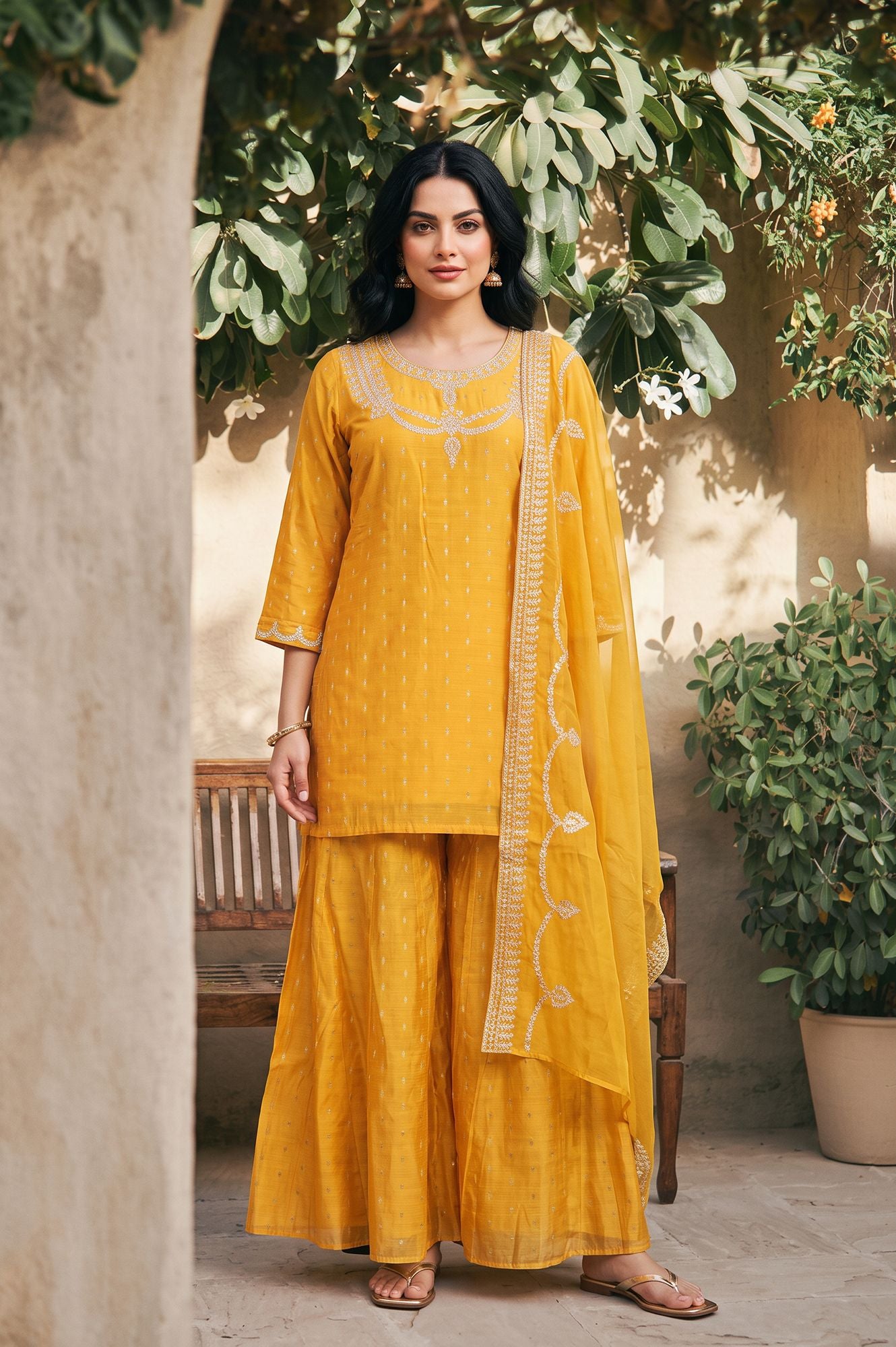 Yellow Zari Embroidered Straight Kurta with Sharara and Dupatta Set