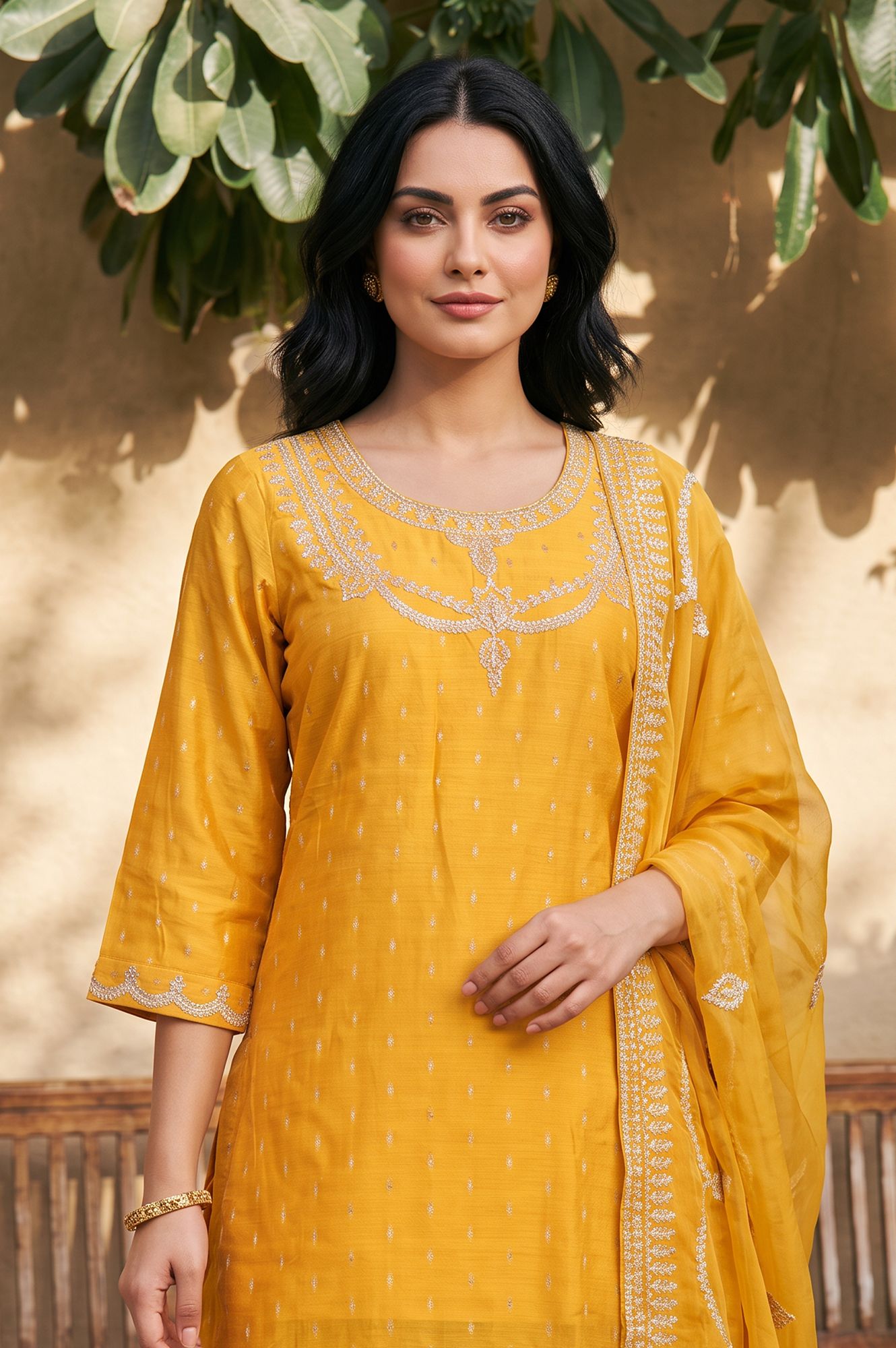 Yellow Zari Embroidered Straight Kurta with Sharara and Dupatta Set