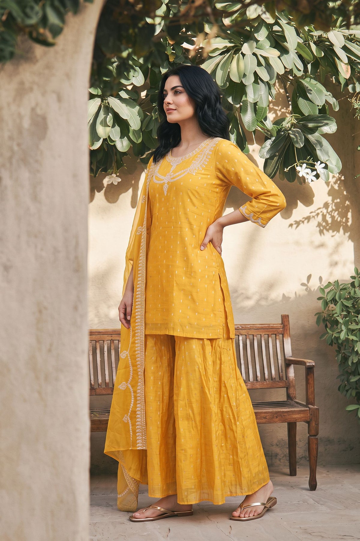 Yellow Zari Embroidered Straight Kurta sharara set for women